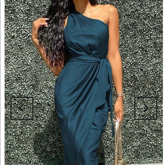 One Shoulder Ruched Midi Dress Belted Party Dress SMALL - Picture 2 of 6